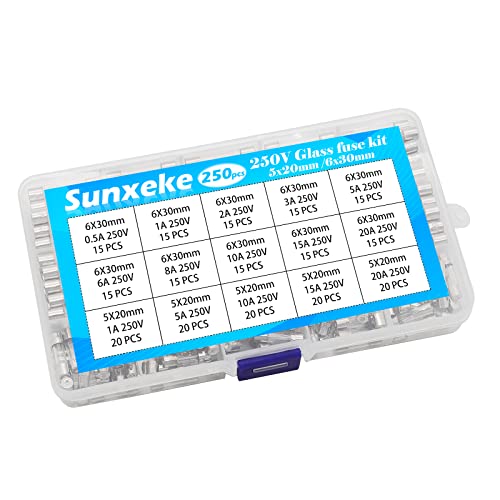 Sunxeke 250pcs Biztosíték 250V Gyors Csapást Üveg Biztosíték Választék Készlet (5x20mm-1A/ 5A/10A/15A/20A), valamint (6x30mm-0,5 A/1A/2A/3A/5A/6A/8A/10A/15A/20A)