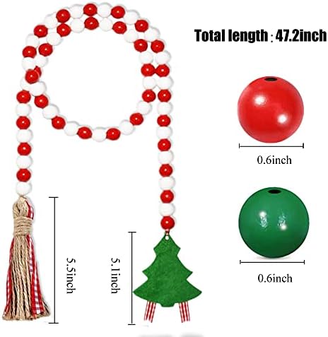 Karácsony Fa Gyöngy Koszorú Zöld Fa Tag & Vászon Tassel,Kézzel Festett Természetes Gyöngyök Garland ,47inch Piros-Fehér Karácsony