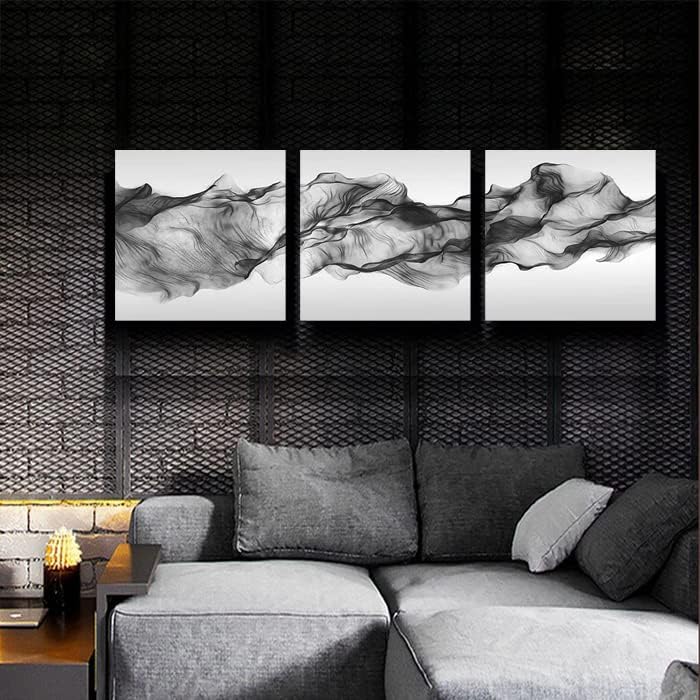 Extra Nagy, Fekete-Fehér Absztrakt Áramló Dohányzás Wall Art 3 Db Hatalmas, Modern Nyomtatási Festmény Otthoni Irodai Dekoráció