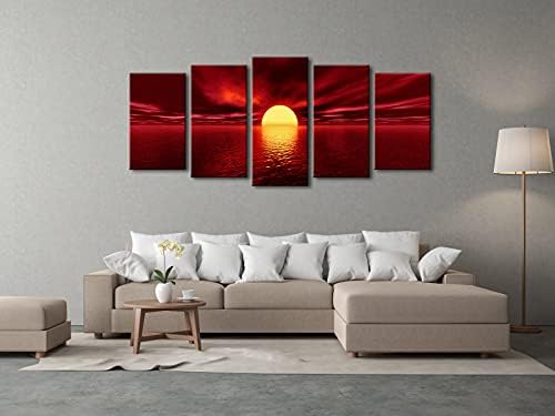 Wieco Művészeti Vörös Nap Nagy, Modern, 5 Panelek Seascape Tenger Giclee Festmények Vászon Nyomatok Wall Art Galéria becsavarva
