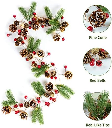 HomeKaren Karácsonyi Koszorú Fények String 6.7 Ft Akkumulátoros a fenyőtoboz Piros Bogyó Jingle Bell 20 LED Karácsonyi Dekoráció