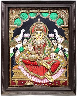 Egzotikus India 41 x 52 Padmasana Gajalakshmi Tanjore Festmény | Hagyományos Színek, 24 karátos Arany | Tíkfa Keret