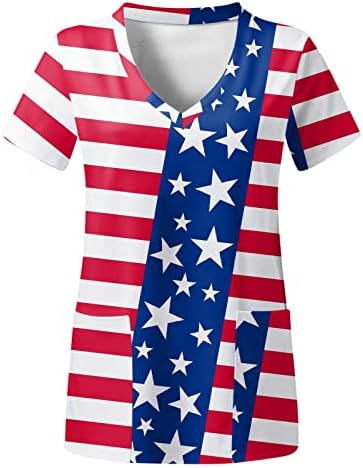 Július 4. - póló Női Usa Zászló Nyári Rövid Ujjú, V Nyakú Póló, 2 Zsebbel Blúzok Ünnepi Alkalmi Munkaruházat