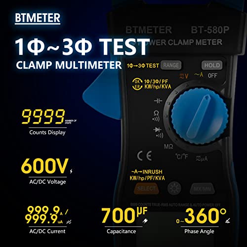 BTMETER 3-Fázis True-RMS Teljesítmény Bilincs Multiméter a 9999 Számít, AC/DC Feszültség & Áramerősség, KW/HP, teljesítménytényező, KVA-t