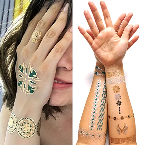 12 Lap QUEENY Nagy Henna Ideiglenes Tetoválás Matricák a Nők, Lányok (Metál Arany-Ezüst Glitter Flash)