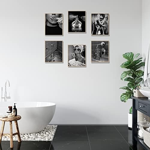 Divat Wall Art Fürdőszoba Fali Dekor Nyomatok Készlet 6 Fekete-Fehér Glam Csillogó Vászon Plakátok, Fotók, Képek, Fürdőszoba Mű Fal a Modern