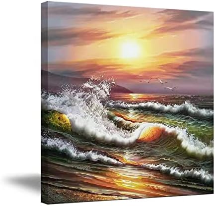 Kézzel rajzolt reggel naplemente seascape Fal grafika dekoráció (Bekeretezett-Kész Lógni,24x20inch)