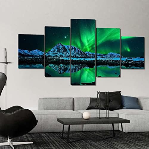 Aurora Borealis Fali Dekor 5 Darab Vászon Wall Art, Zöld Északi Fény Táj Nappali Képek Alkotás 80 x 40, Nagy Természet Hegyi Táj Festmények