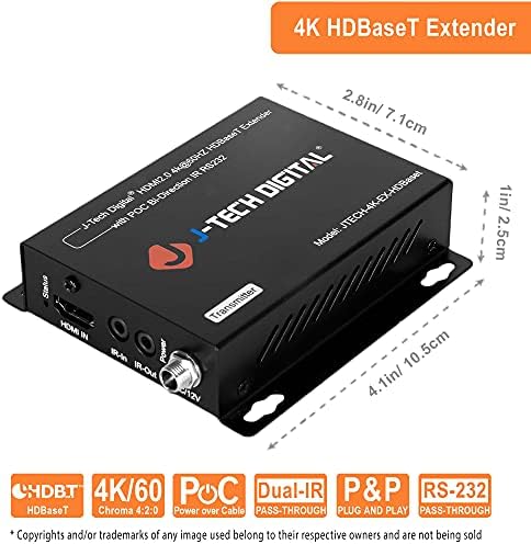 J-Tech Digitális 4K Ultra HD HDBaseT HDMI Extender Át Cat5e/6 Ethernet-akár 230ft (1080P) 130ft (4K), Támogatja a HDCP 2.2/1.4, RS232, Bi-Directional