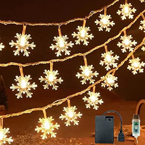Ameowji Karácsonyi Fények 20ft/40LED Hópehely String Fények, USB & elemes 8 Módok Meleg Fehér Csillogás Világítás Beltéri Kültéri Lóg Ünnep