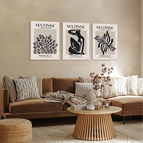 Matisse Wall Art Set 3, Absztrakt Matisse Wall Art Kiállítás Plakátok, Fekete, Bézs, Keretes Vászon Henri Matisse Nyomtatja a kép Esztétikai