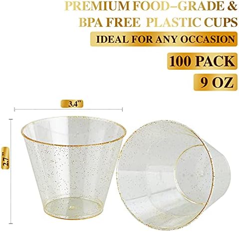 FOCUSLINE 100 Csomag Arany Csillogó Műanyag Poharak 9 oz Átlátszó Műanyag Poharak Forgatagban, Díszes Eldobható Műanyag Poharakat,