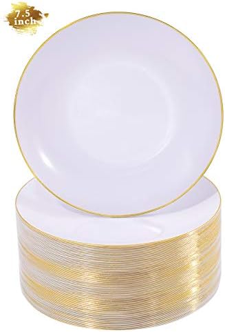 Nervure 100Pieces Fehér Arany Felni Műanyag lemez - 7.5 inch Eldobható Arany Saláta/Desszert Tányér - Fehér, illetve Arany-Műanyag Lemezek