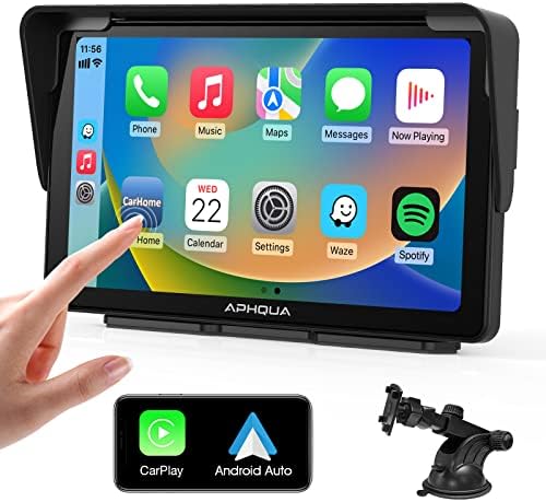 APHQUA A3 Legújabb Hordozható, Vezeték nélküli, Apple CarPlay, Android Auto Autó Rádió Sztereó levehető Napellenző,7 hüvelykes