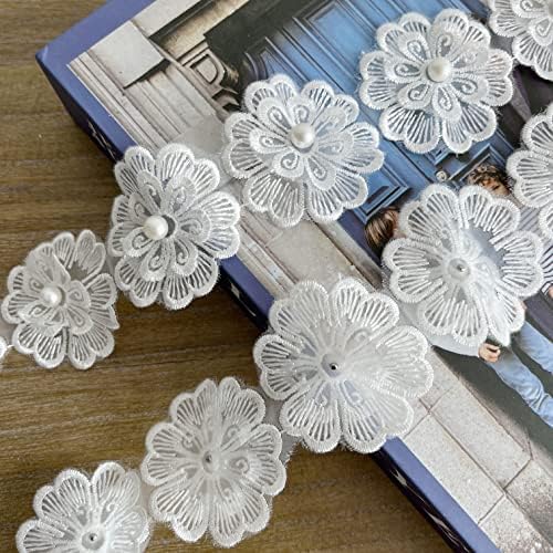3D Gyöngy Virág Csipke Szegéllyel Szalag, Hímzett Esküvői Applied DIY Varrás Kézműves Kellékek fehér-3Yards(8)