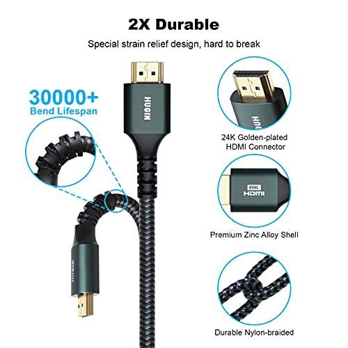 8K HDMI 2.1 Kábel, 15FT (2 Csomag) 48Gbps nagysebességű Tartós Nylon Fonott HDMI 2.1 Kábel, 8K@60Hz 4K@120Hz Dinamikus HDR eARC HDCP
