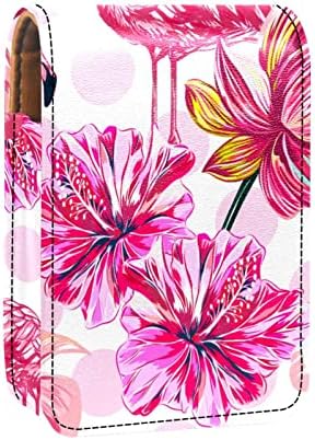 GUEROTKR Rúzst, Bőr Szájfény Szervező a Tükör, Mini Rúzs Jogosultja Táska,lila flamingo állat, virág, növény minta