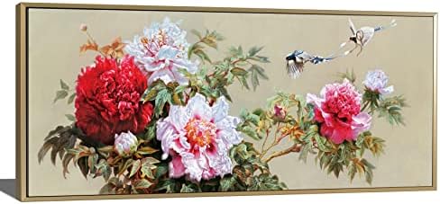 Virágos Vászon Festmény Wall Art-Nagy Méretű Nappali, Dekoráció, Kézzel festett Piros-Fehér pünkösdi Rózsa Virágok, Madarak Képet