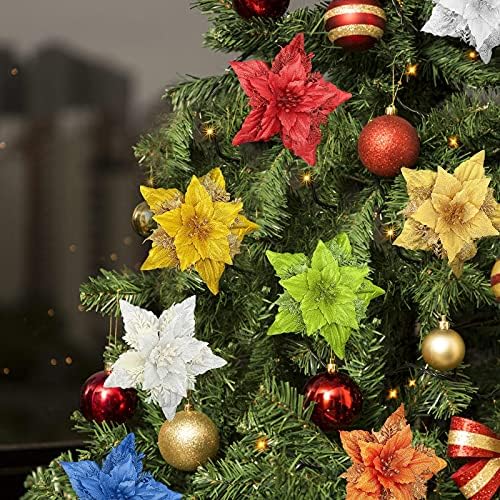 Tökéletes Karácsonyi dekorációs ajándék,10db Karácsonyi Mikulásvirág,7.1 Hüvelyk karácsonyfa Díszítő Selyem Virág,Mesterséges Csillogás Karácsonyi