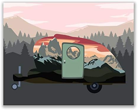 Évjárat Kemping Lakókocsi Ujjlenyomat - Készlet 4 (11x14) Cm Fényes Retro Erdő, Hegy, Strand, Szabadtéri Táj Wall Art Dekor - Észak-Amerika