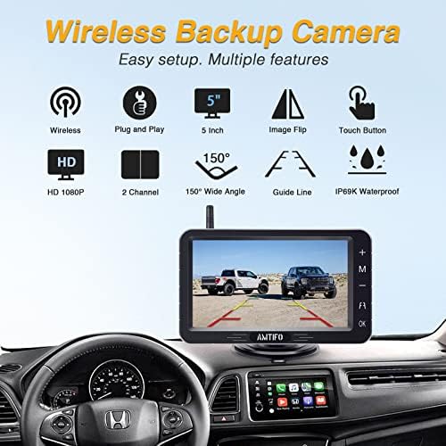 AMTIFO Vezeték nélküli Biztonsági Kamera HD 1080P Bluetooth hátulnézet 5 Hüvelykes Osztott Képernyőn Érintse meg Gombot a Monitor Autó,