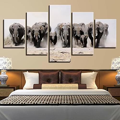 A Wall Art Nappali Dekor Vadon élő Afrikai Elefántok 5 piecesCanvas Haza Akcentussal Modern Étkező Fürdőszoba Dekoráció Kész