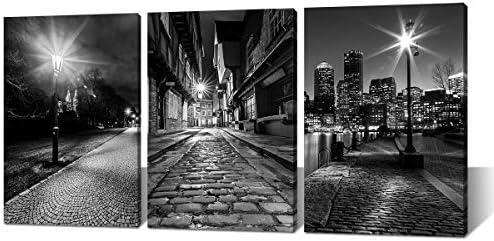 Vászon Wall Art Bostoni - Fekete, Fehér, Modern, Panorámás Város Éjszakai Látképét Városkép Történelmi Központ, Prága Utcai Lámpák