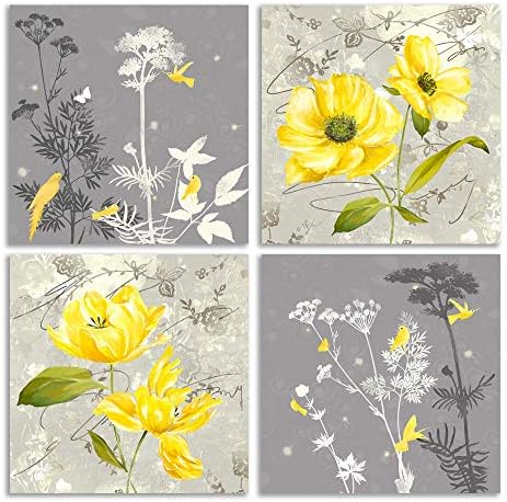 Sárga Virág Wall Art-Sárga Szürke Szürke Virágok Nyomtatás Vászonra Otthon Dekor Matricák Képek 4 Panelek Plakát Hálószoba,