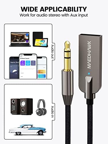 MaedHawk Aux Bluetooth Adapter Autó, Aux Bluetooth 5.3 Adapter Zene/kihangosított Hívások [Erősebb Mic], 3,5 mm-es USB-Bluetooth-Vevő