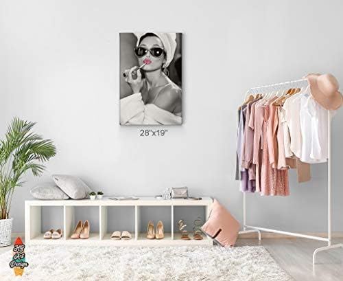 HB Art Design Audrey Hepburn Stílus Wall Art Rózsaszín Ajkak, Vászon Nyomtatás Rúzs Smink Ikonikus Pop Art Glam Divat a Fekete-Fehér Wall