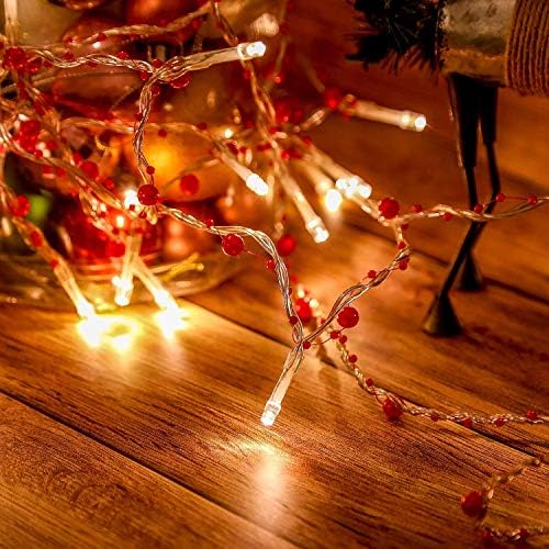 simpdecor String Fények 50 LED Piros Bogyó Garland Kivilágított Berry-Gyöngyös Koszorú elemes 18.7 ft LED az Ünnep Beltéri karácsonyfa
