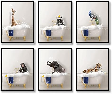 Fürdőszoba Fal Művészi Nyomatok Készlet 6 Állat Fali dekor Állatok Fürdik a Kádban Vászon Poszter Tigris,Elefánt,Mosómedve,Páva,Orángután,Zsiráf