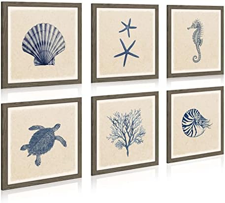 Tengeri csillag Keretes Wall Art Hálószoba: Navy Kék Óceán Teknős Kagyló Korall Csikóhal Festmény, Kép, Grafika, a Víz alatti Tengeri