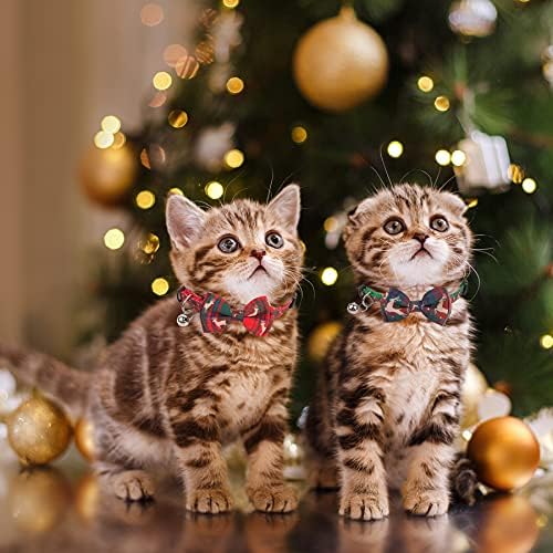 PTDECOR Karácsonyi Macska Nyakörv a Bow Bell, 2 Csomag Cica Macska Karácsonyi Gallér Szakadár Cserélhető Csokornyakkendőt, Piros, Zöld, Kockás