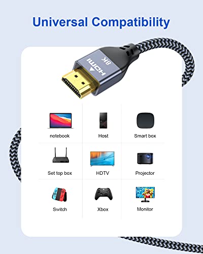 Qmiypf 8K HDMI Kábel 6ft - HDMI 2.1 Kábel 48Gbps Nagy Sebességű 3D 8K60 4K120 144 hz Fonott HDMI Kábel eARC HDR10 HDCP 2.2&2.3