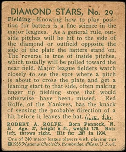 1935 Gyémánt Csillagok 29 Vörös Rolfe New York Yankees (Baseball Kártya) (van is egy 104 Vörös Rolfe kártya) JÓ Yankees