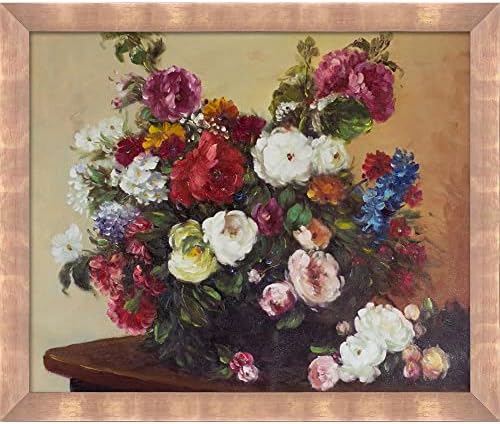 La Egyveleg, Csokor Sokszínű Virágok viruló Rózsa Arany Keretben, 23 x 27