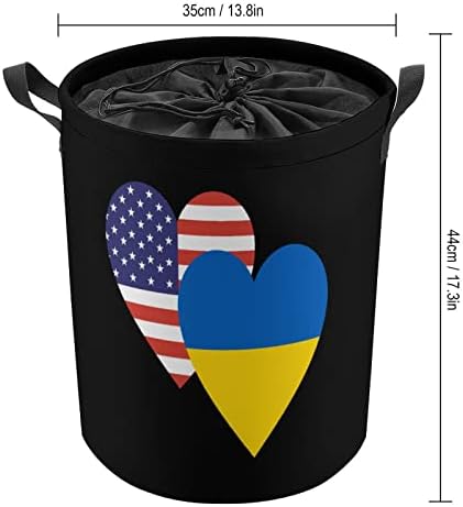 Ukrán Amerikai Szív Zászló 42L Kerek Szennyes Kosár Összecsukható Ruhát Akadályozza a Tetején Összehúzható