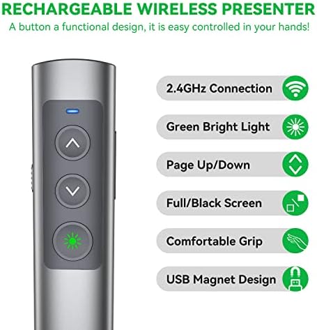 Prezentációs Távirányító, Újratölthető, Vezeték nélküli Műsorvezető - 2 az 1-ben USB-Clicker a PowerPoint-Bemutatókat, Zöld Lézer Pointer