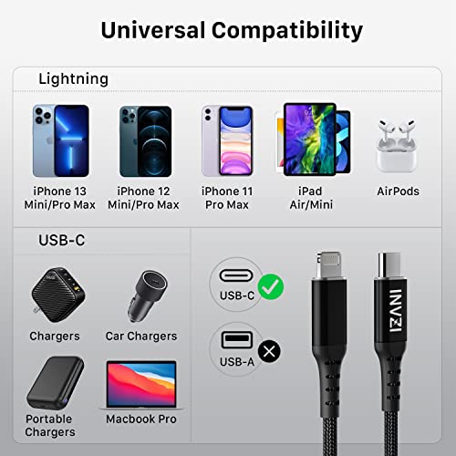 INVZI USB-C-Lightning Kábel Mpi Hiteles, 6.6 ft Gyorsan iPhone Töltő Fonott Nylon iPhone 14 Pro Max/Pro/Mini, iPhone 13 Pro Max, iPhone