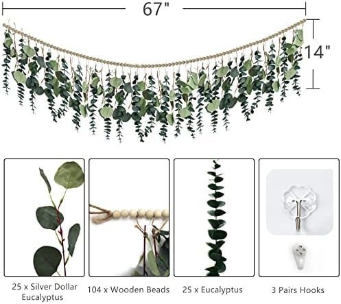 HECATY Bohém Eukaliptusz, Fali Dekor,Mesterséges Zöld Lógó Növényeket Jóga Szoba Szobás Parasztház,5.6 méter Fa Gyöngy Banner