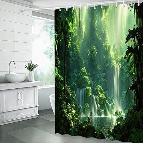 Trópusi Esőerdő zuhanyfüggöny a Természet Zöld Erdő, Fa Levelek Napsütés Dzsungel Nyári Táj Szövet Fürdőszoba Dekor Függöny Horgok