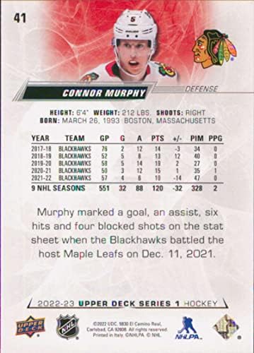 2022-23 Felső szint 41 Connor Murphy Chicago Blackhawks Sorozatban 1 NHL Jégkorong Trading Card