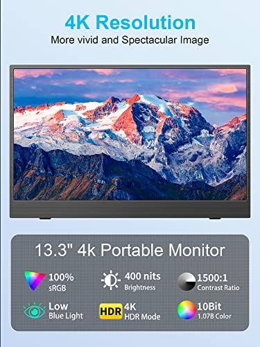 MAGICRAVEN 4K Hordozható Monitor, 13.3 UHD felbontású IPS Laptop, Monitor, Vékony, Könnyű, Kettős USB-C HDMI Monitor Játék Kijelző Hangszóró,