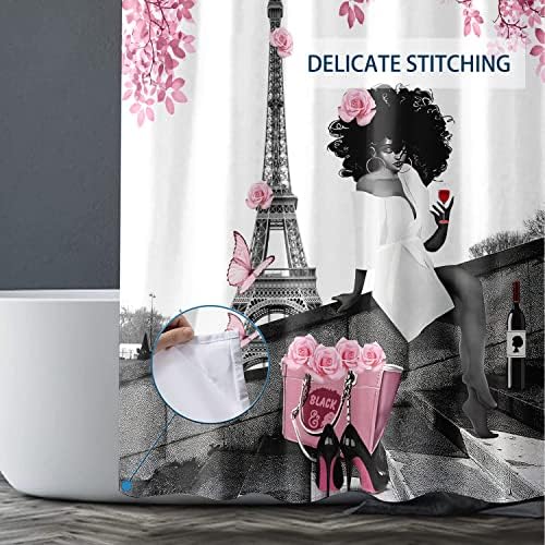 TYAKASHA zuhanyfüggöny Afro-Amerikai Nő Afro Hölgy withn Rózsaszín Rózsa Divat Fekete Lány Eiffel-Torony 72x72 Cm Vízálló Szövet