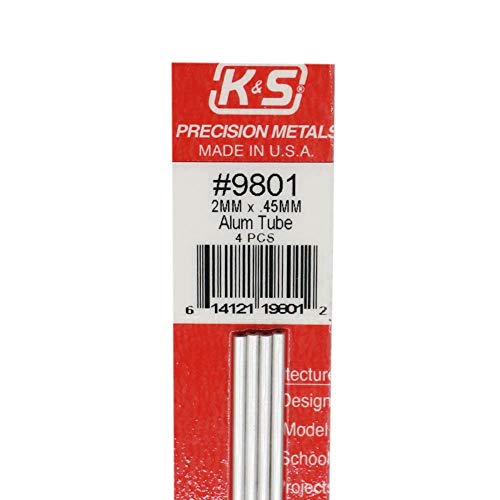 K&S 9801 Kerek Alumínium Cső, 2mm OD x 0.45 mm Fal x 300mm Hosszú, 4 Db, Made in USA