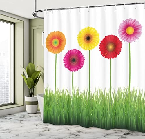 Ambesonne Gerber Daisy Zuhanyzó Függöny, Vízszintes Érdekében, Színes Virágok, Fű, Energikus Tavaszi Illusztráció, Szövet Szövet Fürdőszoba