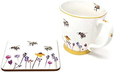 A Leonardo Collection Reggeli Bögre & Poháralátét Szett Elfoglalt Méhek Virágos Design by Jennifer Rose Galéria Teát, Kávét Ajándék, Fehér