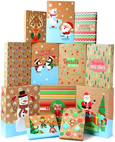 JOYIN 24 DB Vegyes Karácsonyi Póló, Ajándék Doboz, 3 Méretben, 12 Minták Kraft Egyforma Válogatott Ing Wrap Box Set szemhéjakkal,