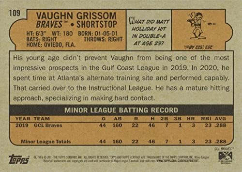 2021 Topps Örökség Kiskorúak Baseball 109 Vaughn Grissom Előre Újonc Kártya GCL Bátrabbak